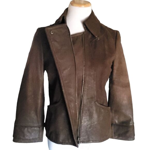 Kenneth Cole Reaction Women Size Small Chocolate Brown Leather Jacket Military - Picture 1 of 12